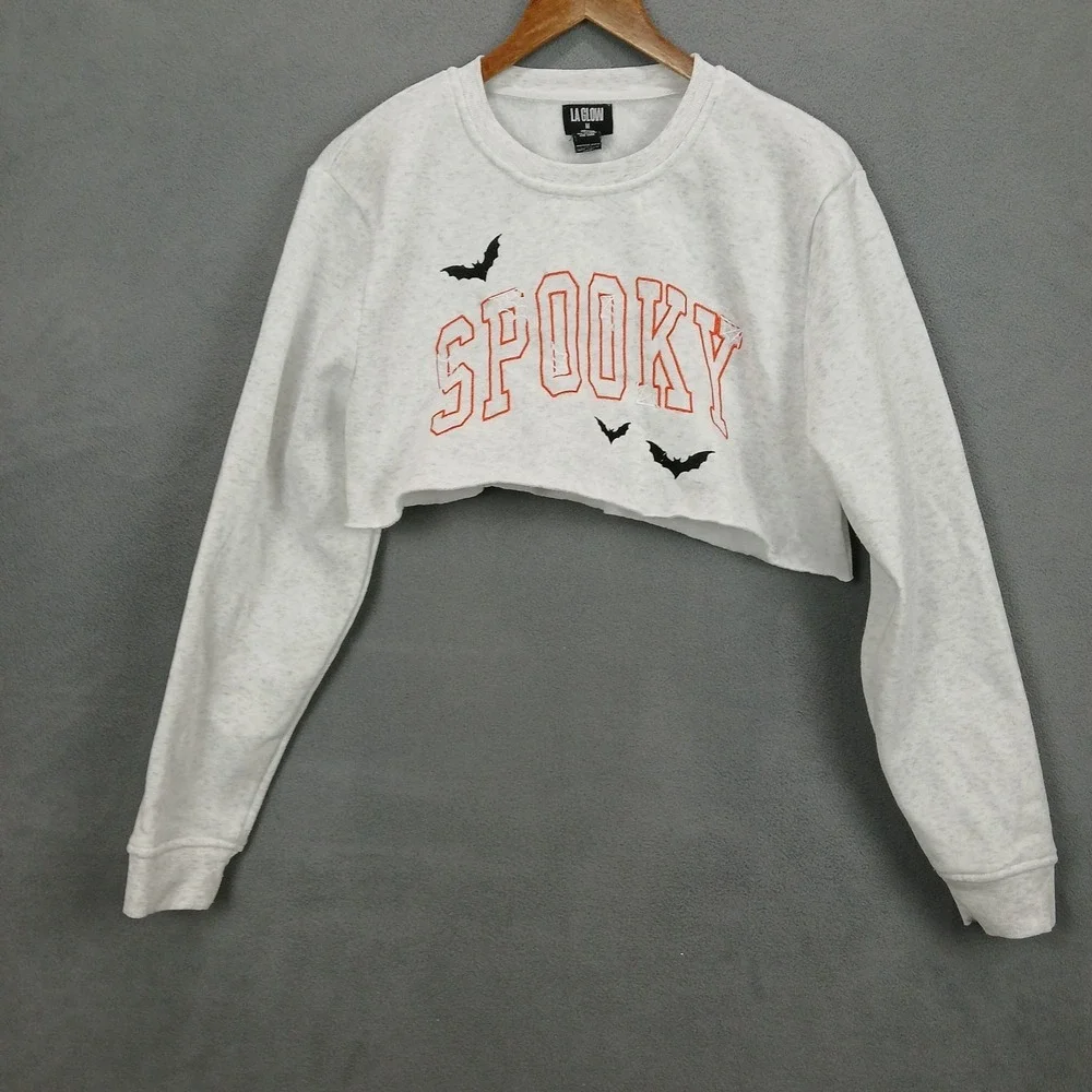 LA Glow Cropped Halloween Sweatshirt Womens Medium White Spooky Fleece Lined